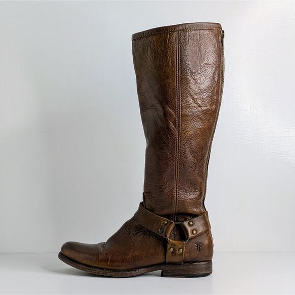 Frye Phillip Harness Brown Leather Tall Boots 7.5 Equestrian Western Boho - Picture 10 of 16